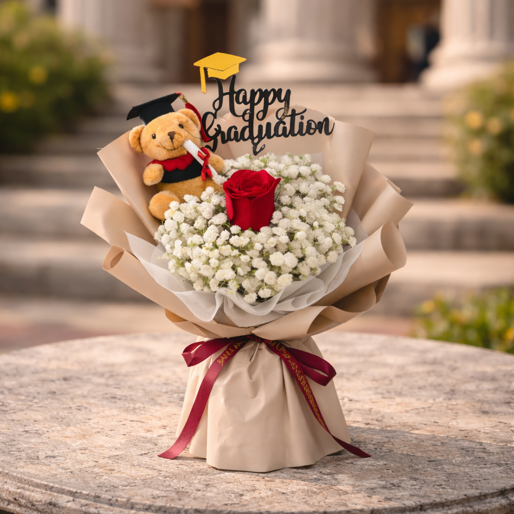 Cap & Crimson (Roses, Baby's Breath) | Flower Bouquet