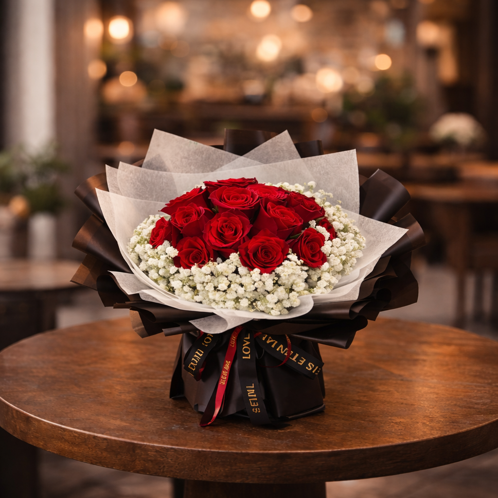 Crimson Encore (Roses, Baby's Breath) | Fresh Flower Bouquet