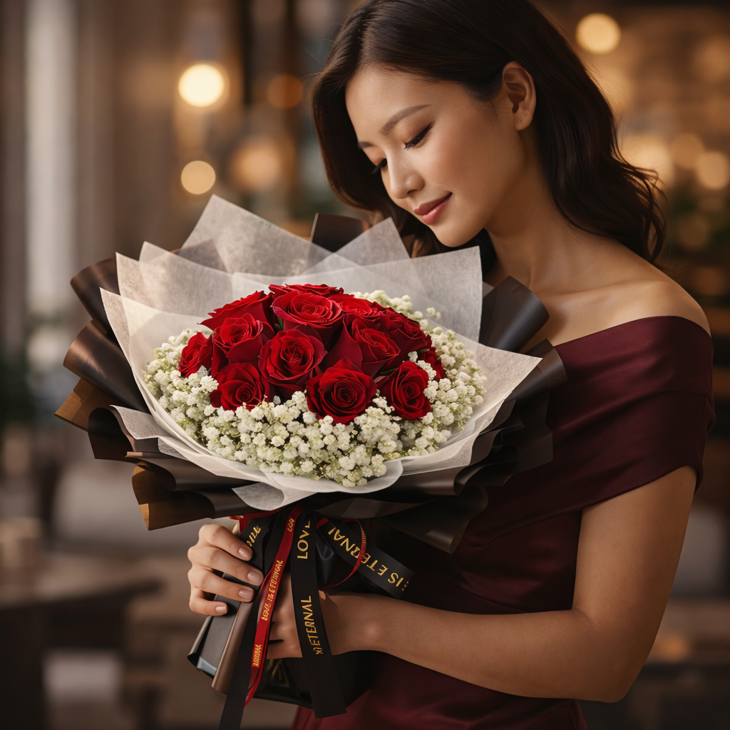 Crimson Encore (Roses, Baby's Breath) | Fresh Flower Bouquet