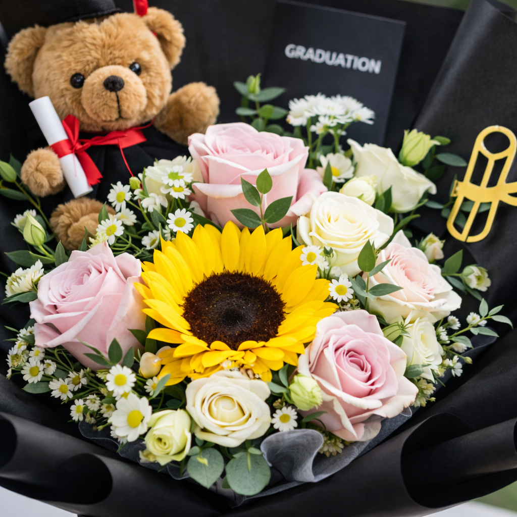 Golden Scholar (Sunflower, Roses, Chamomile) | Fresh Flower Bouquet