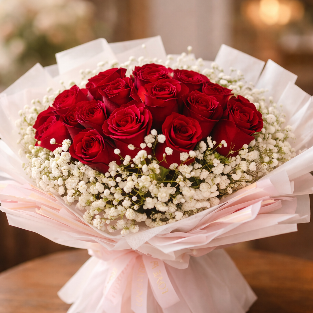 Red Velvet Whirl (Roses, Baby's Breath) | Flower Bouquet