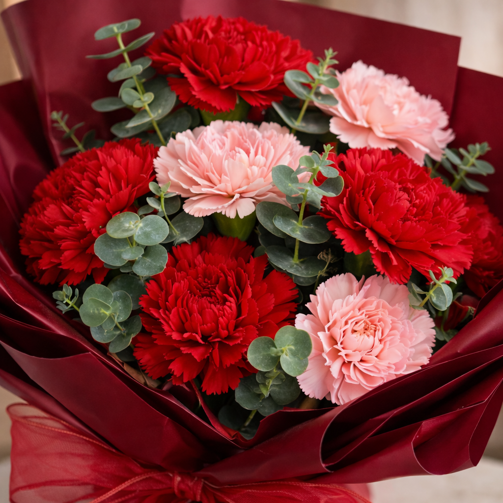 Ruby Poise (Carnations, Eucalyptus) | Fresh Flower Bouquet