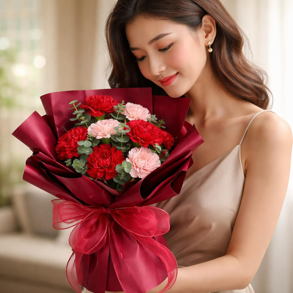 Ruby Poise (Carnations, Eucalyptus) | Fresh Flower Bouquet