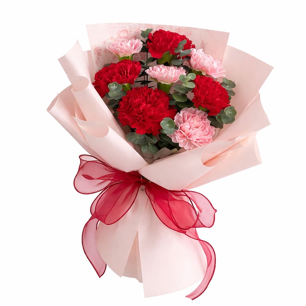 Scarlet Tulle (Carnations, Eucalyptus) | Fresh Flower Bouquet