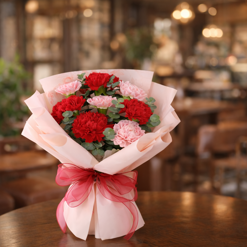 Scarlet Tulle (Carnations, Eucalyptus) | Fresh Flower Bouquet