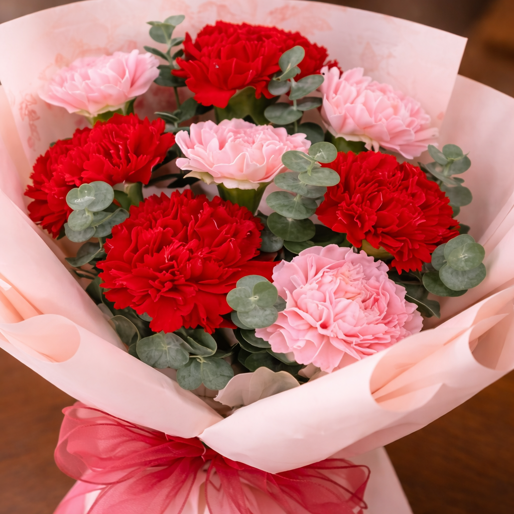 Scarlet Tulle (Carnations, Eucalyptus) | Fresh Flower Bouquet