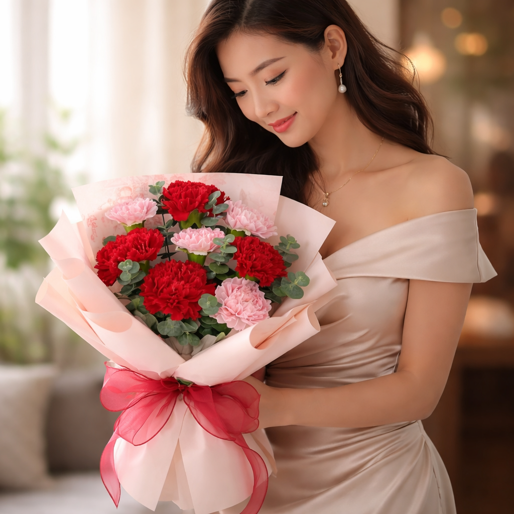 Scarlet Tulle (Carnations, Eucalyptus) | Fresh Flower Bouquet