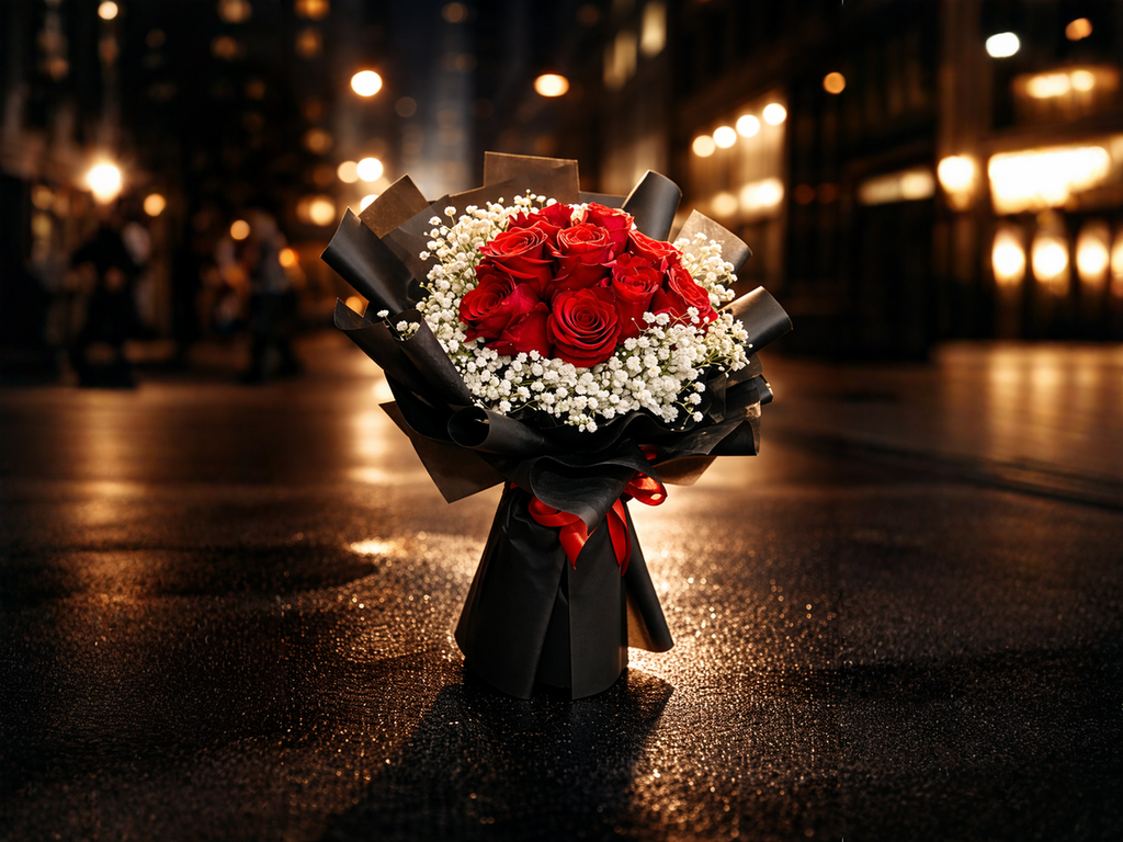 Velvet Ember (Roses, Baby's Breath) | Fresh Flower Bouquet