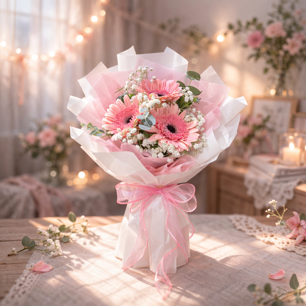 Whispering Petals (Gerbera, Baby's Breath) | Fresh Bouquet