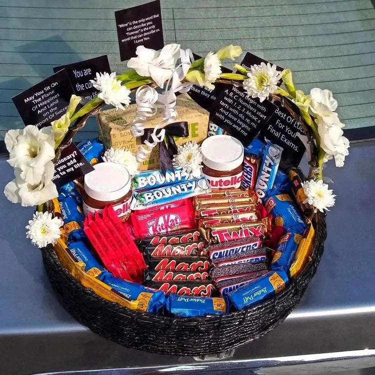 Luxurious Chocolate Basket with Fresh Flowers – A Perfect Sweet Surprise