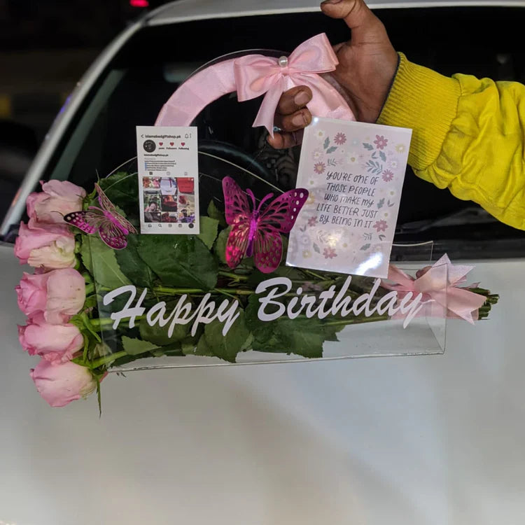 Pink Long Stem Roses in Acrylic Bag