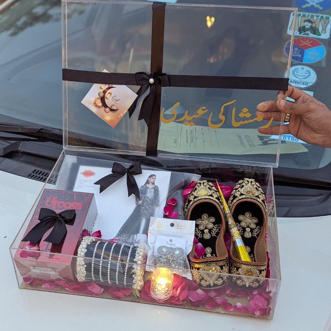 Luxury Eid Box for Her – Dress, Perfume, Bangles, Mehndi, Jhumka & Khussay