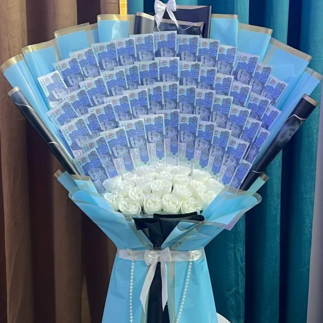 Best-Selling Luxury Money Bouquet – 50K Cash, White Roses & Pearl Touch