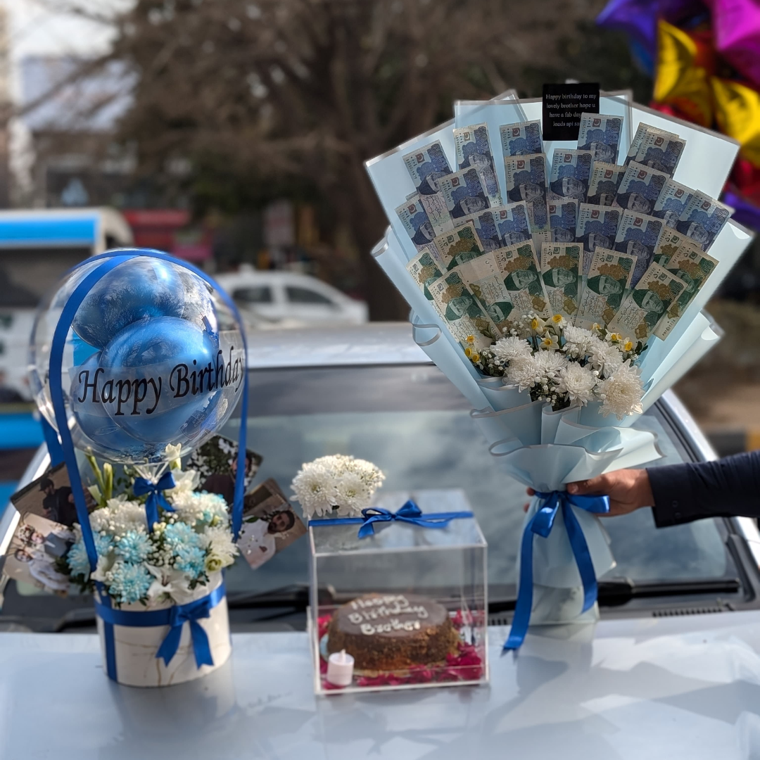 Fresh Flowers Money Bouquet with Acrylic Box Cake perfect for Wedding Eid occasion