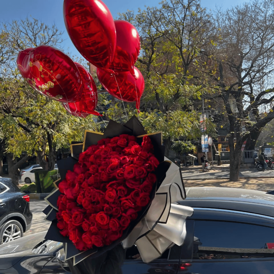 Premium Red Roses & Heart Balloons Bouquet