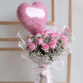 Luxurious Pink Roses & Baby's Breath Bouquet with Foil Balloons