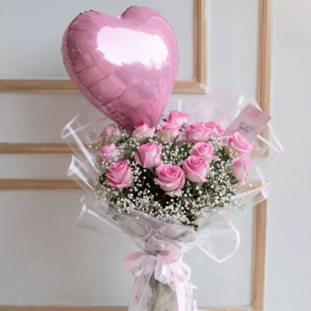 Luxurious Pink Roses & Baby's Breath Bouquet with Foil Balloons