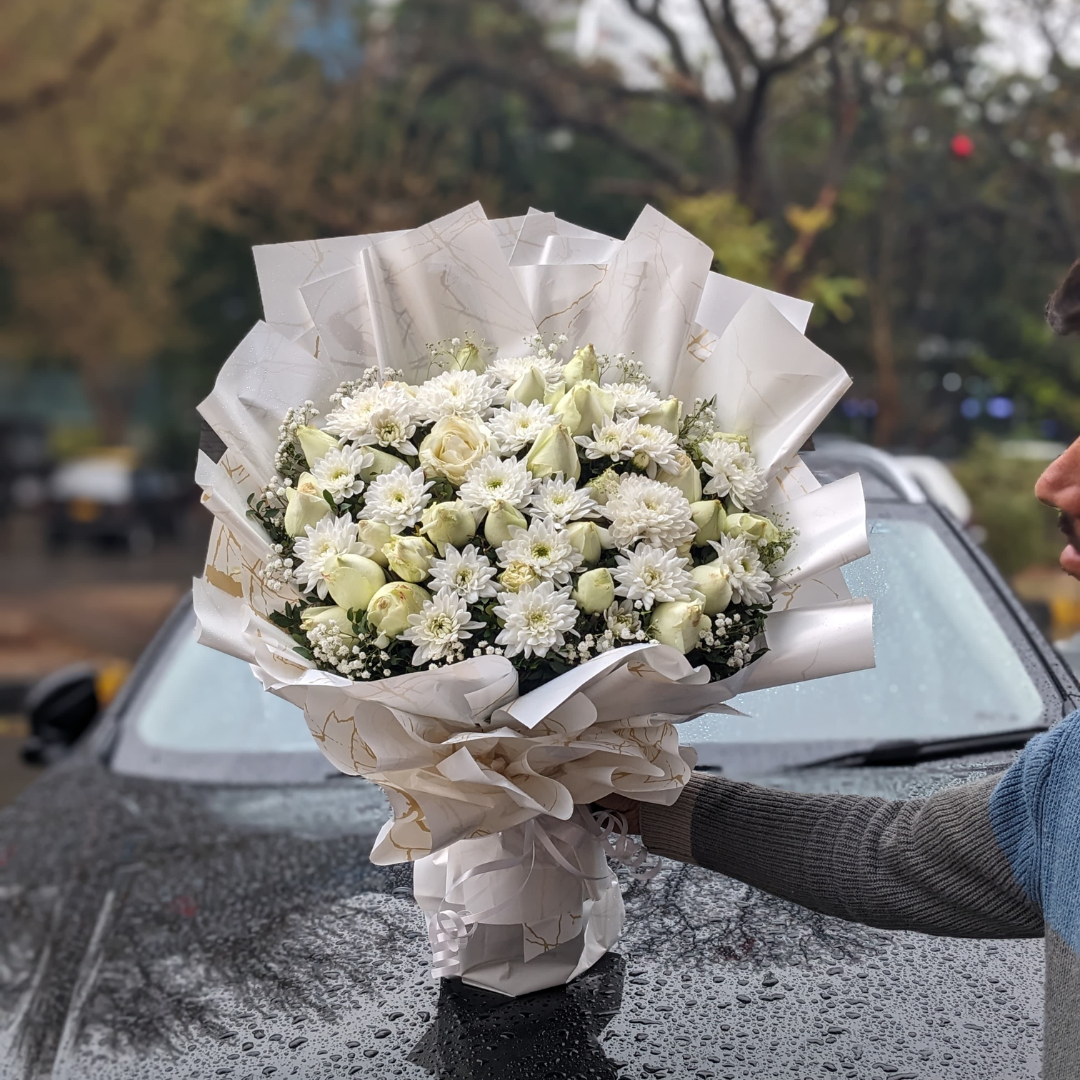 Premium Imported White Flowers Bouquet – A Gift of Pure Elegance & Joy